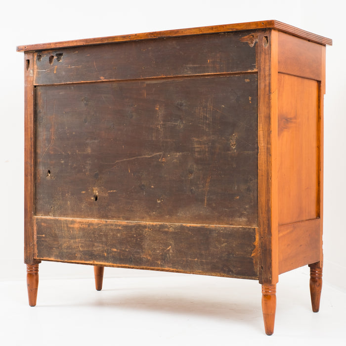 American Sheraton cherry and curly maple four drawer bow front chest (c. 1815)