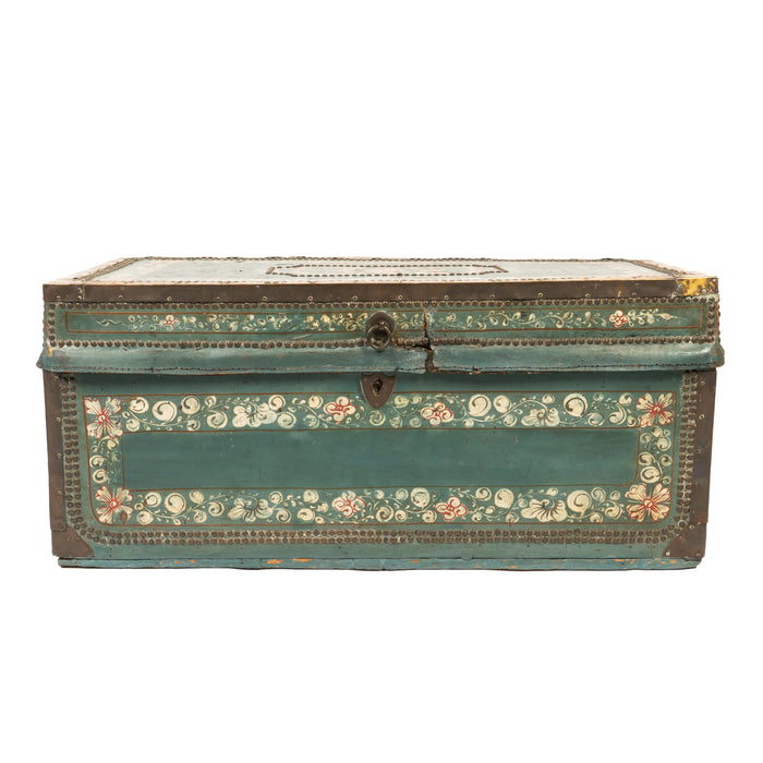 Chinese decorated blue leather covered camphor wood trunk (1825)