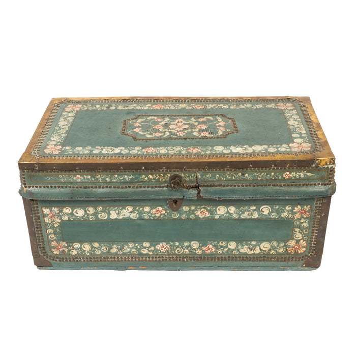 Chinese decorated blue leather covered camphor wood trunk (1825)