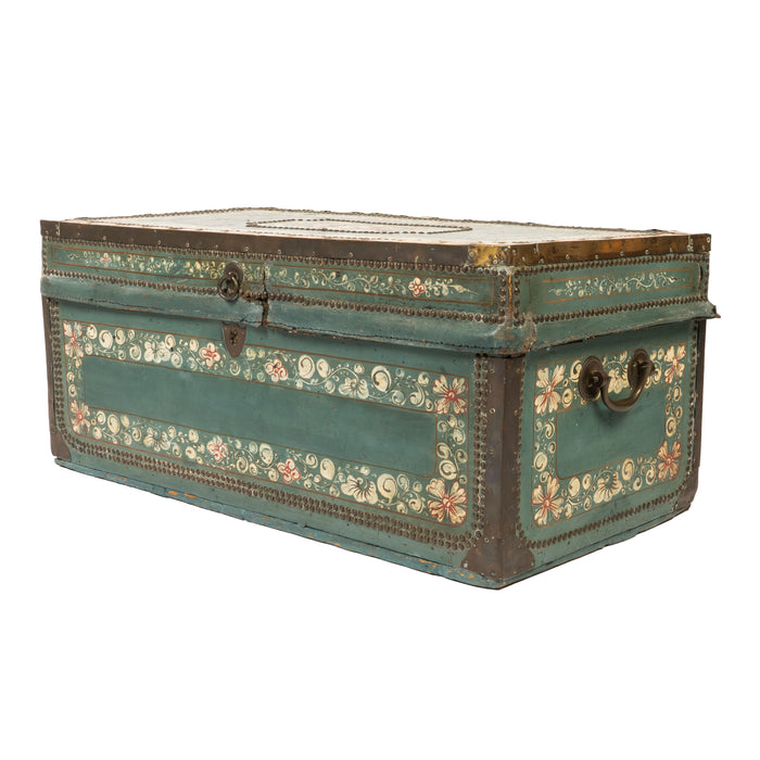 Chinese decorated blue leather covered camphor wood trunk (1825)