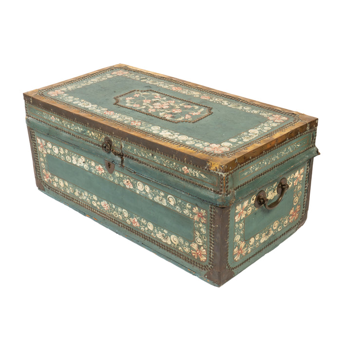 Chinese decorated blue leather covered camphor wood trunk (1825)