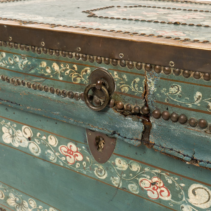 Chinese decorated blue leather covered camphor wood trunk (1825)