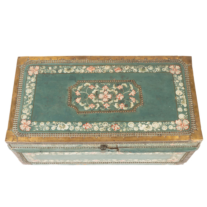 Chinese decorated blue leather covered camphor wood trunk (1825)