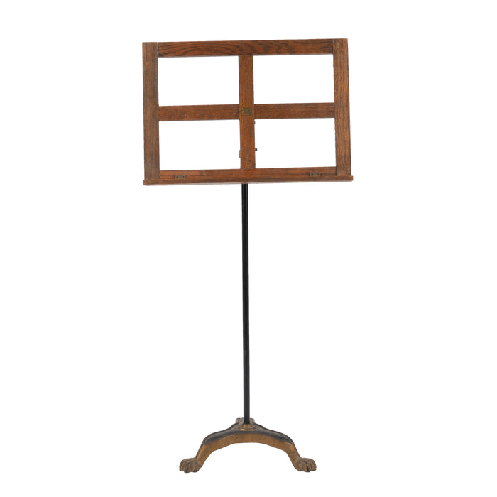 Vintage oak music stand on adjustable iron rod with cast iron tripod base (1900's)