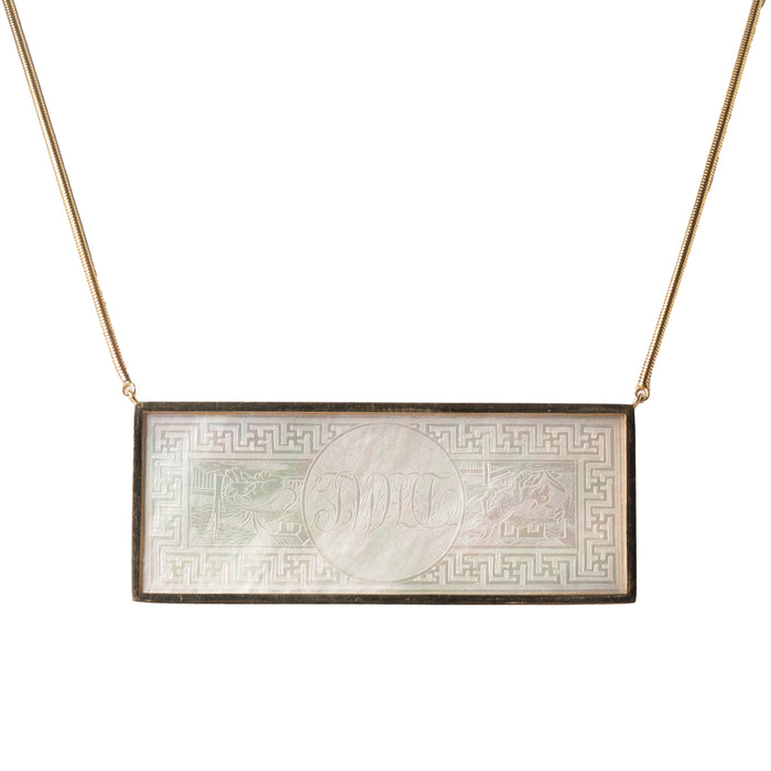 Chinese carved Mother of Pearl gaming chip necklace
