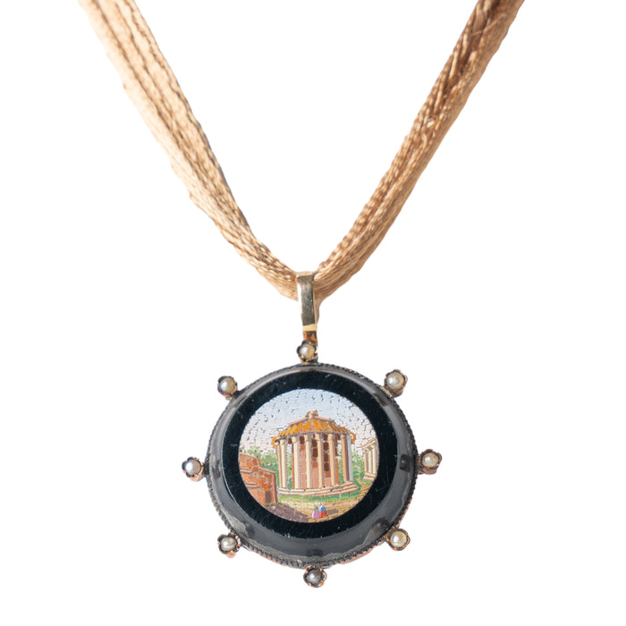 Circular micro mosaic pendant necklace of the Temple of Vesta (1830-40)