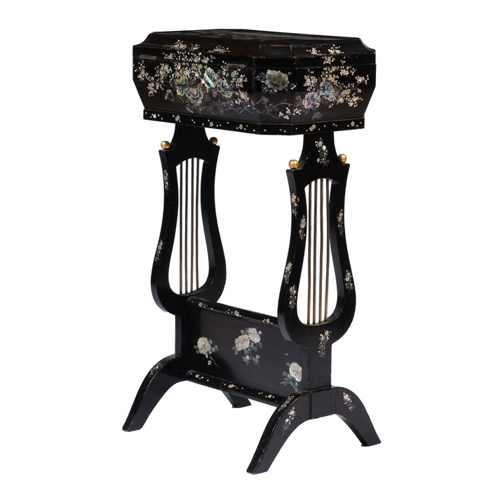 Japanese black lacquered lyre base sewing box on stand with abalone and Mother-of Pearl inlays (1880)