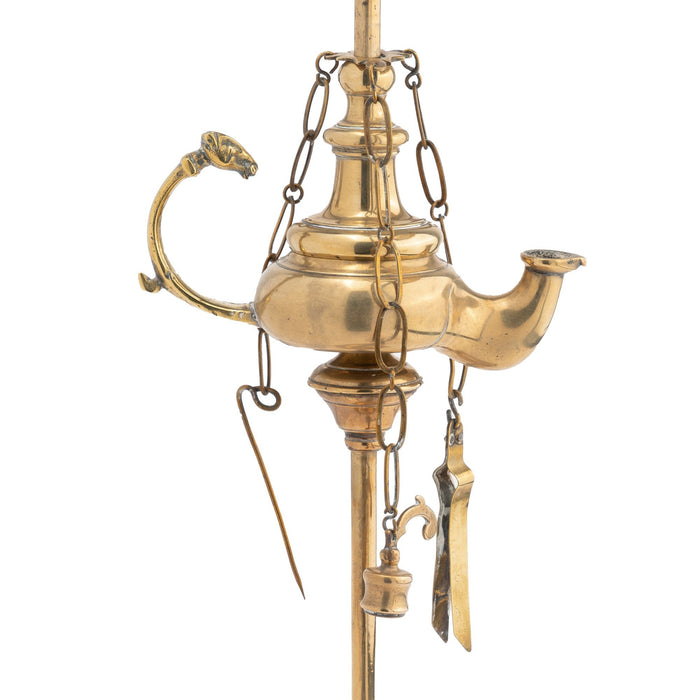 Italian cast brass single spout oil lamp with deflector (c. 1790)