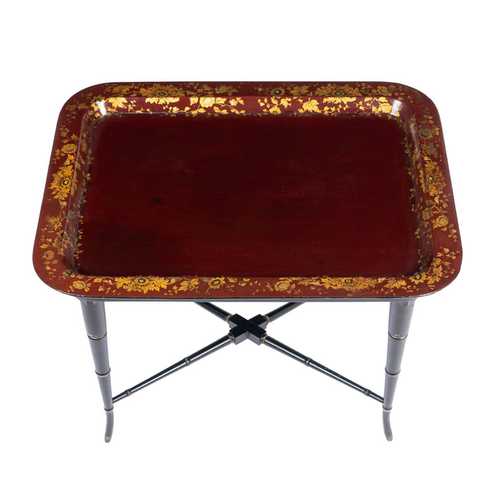 English gilt decorated burgundy paper mache tea tray on custom stand (1830)