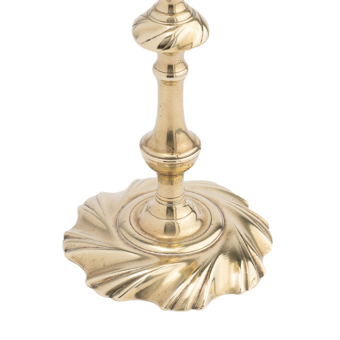 English seam cast brass swirl base candlestick (c. 1750)