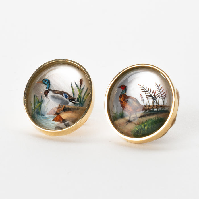 Pair of oval Essex glass earrings of a mallard duck and pheasant by Michael Kneebone (1860-80)