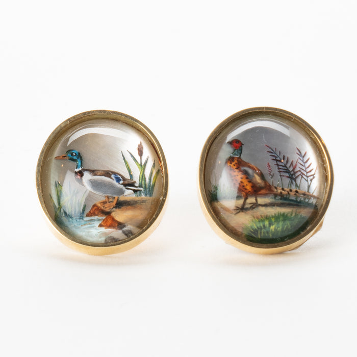 Pair of oval Essex glass earrings of a mallard duck and pheasant by Michael Kneebone (1860-80)