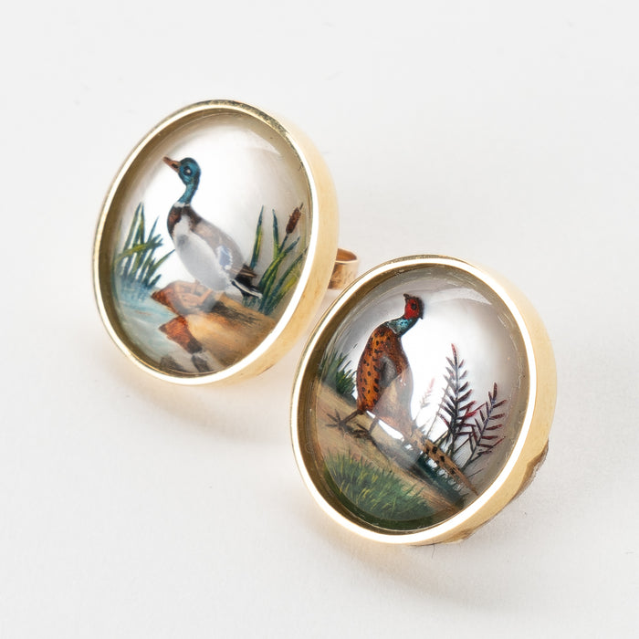 Pair of oval Essex glass earrings of a mallard duck and pheasant by Michael Kneebone (1860-80)