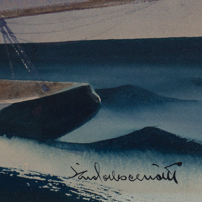 Watercolor of a racing yacht under full sail by Sandor Bernathy (1930)