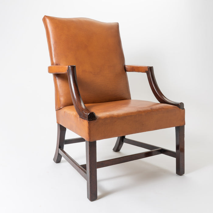 English Georgian mahogany upholstered leather lolling chair (c. 1770)