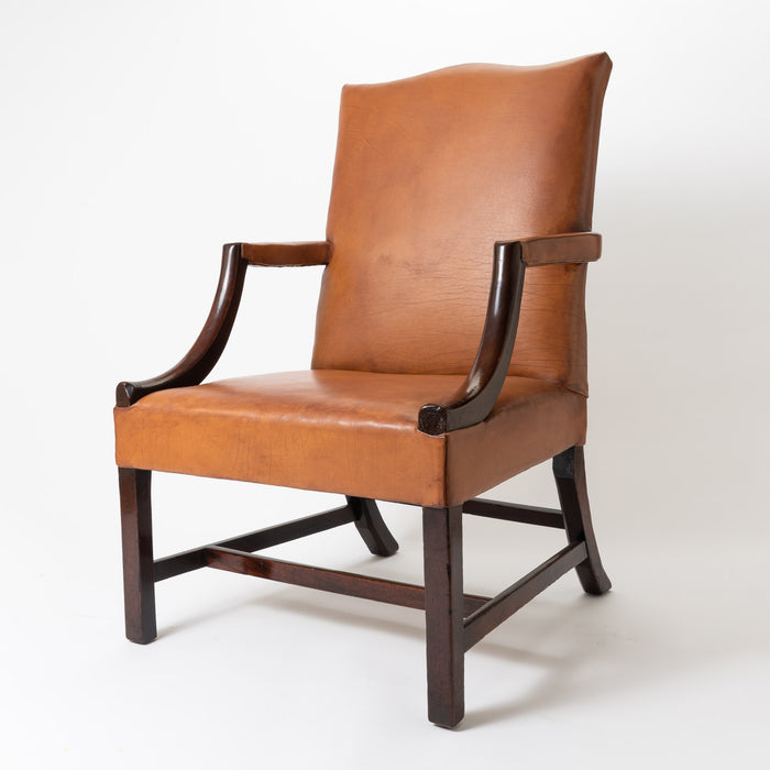 English Georgian mahogany upholstered leather lolling chair (c. 1770)