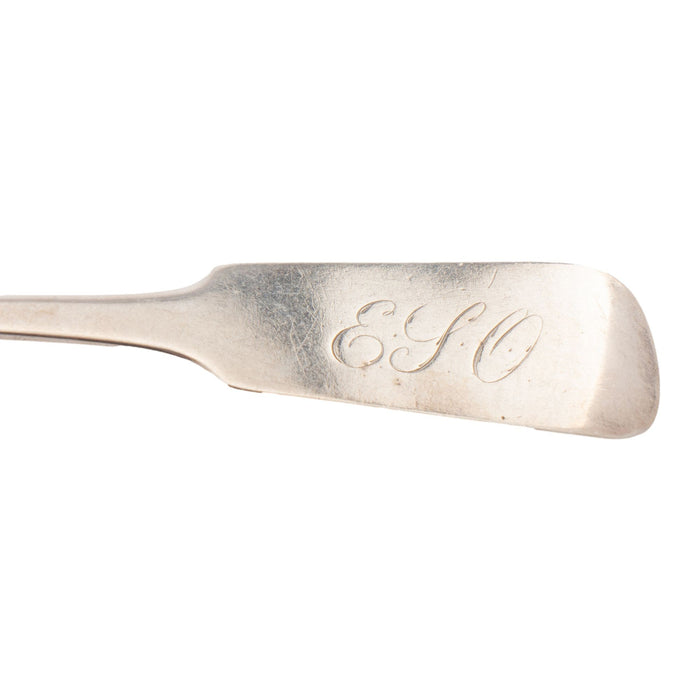 Chicago coin silver fiddle back tea spoon by S.J. Sherwood and monogramed "E.S.O." (1850's)