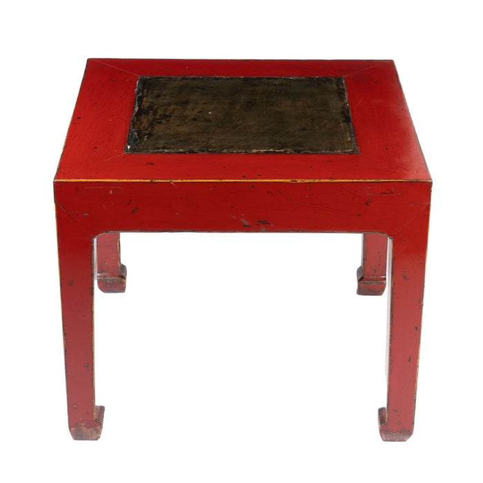 Chinese red lacquered square table fitted with inset stone top