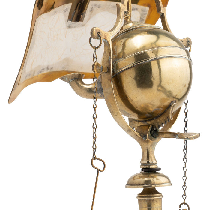 Italian cast brass two burner Lucerne oil lamp with deflector (c. 1800)