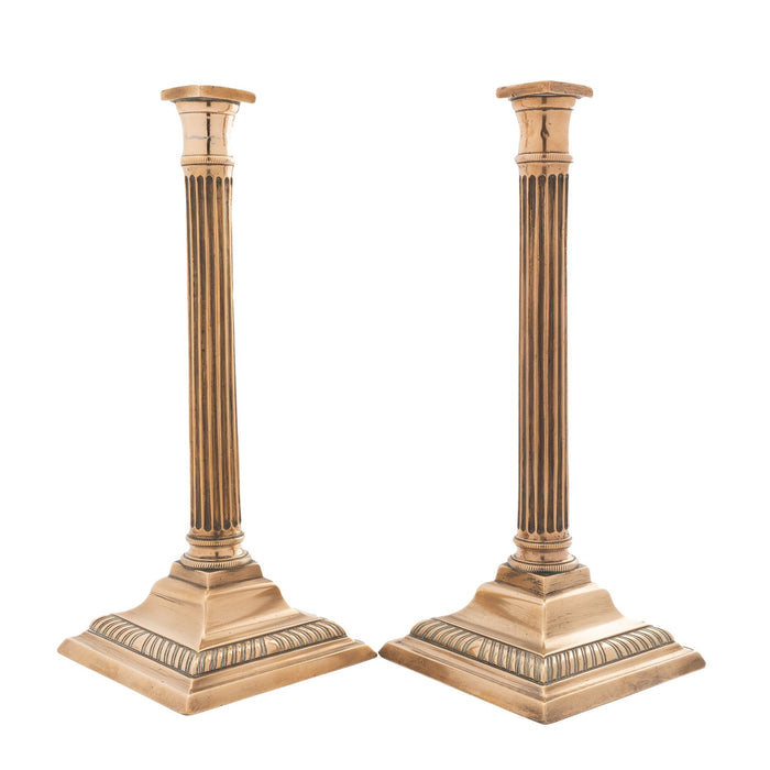 Pair of English cast brass columnar candlesticks (1790)