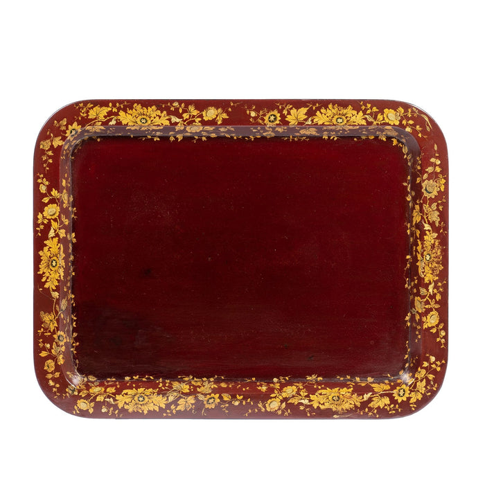 English gilt decorated burgundy paper mache tea tray on custom stand (1830)