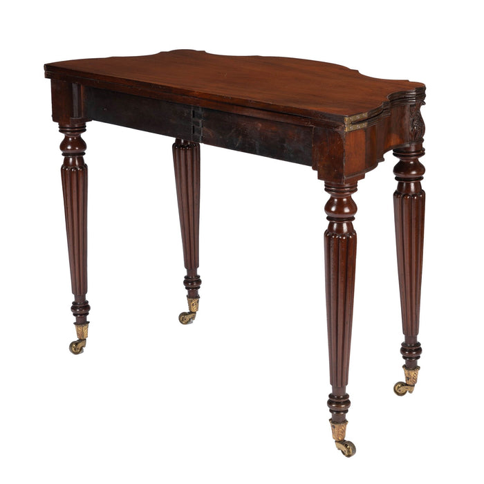 Samuel Field MacIntire (attributed) mahogany flip top game table on turned & reeded legs (1810-15)