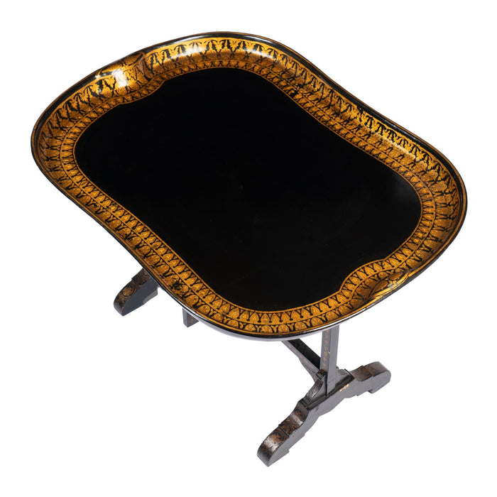 Jennings & Bettridge attributed papier mache tray on hinged tilt top stand (1830)