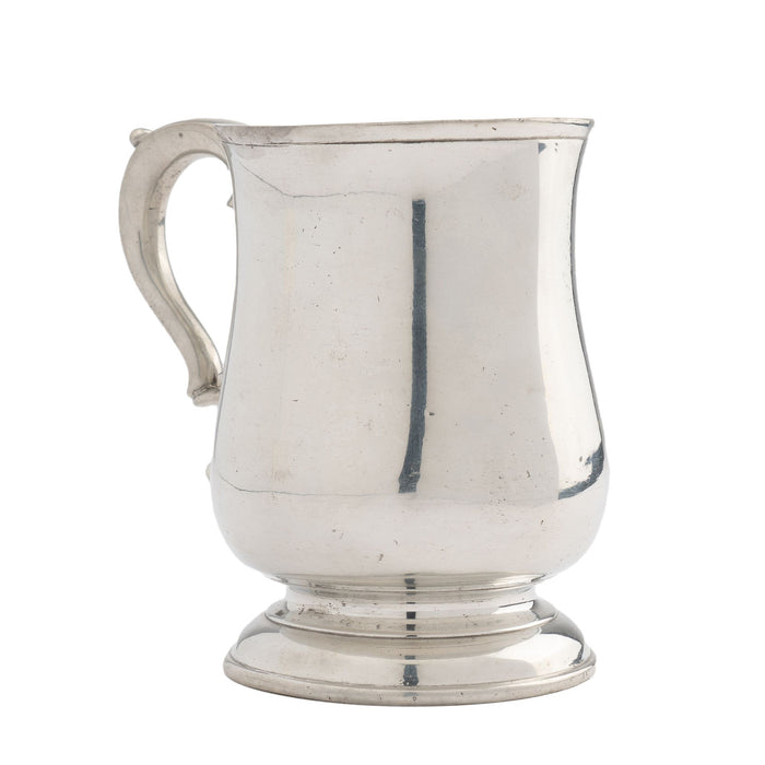 Watts & Harton tulip shaped polished pewter mug with applied scroll handle (1830)