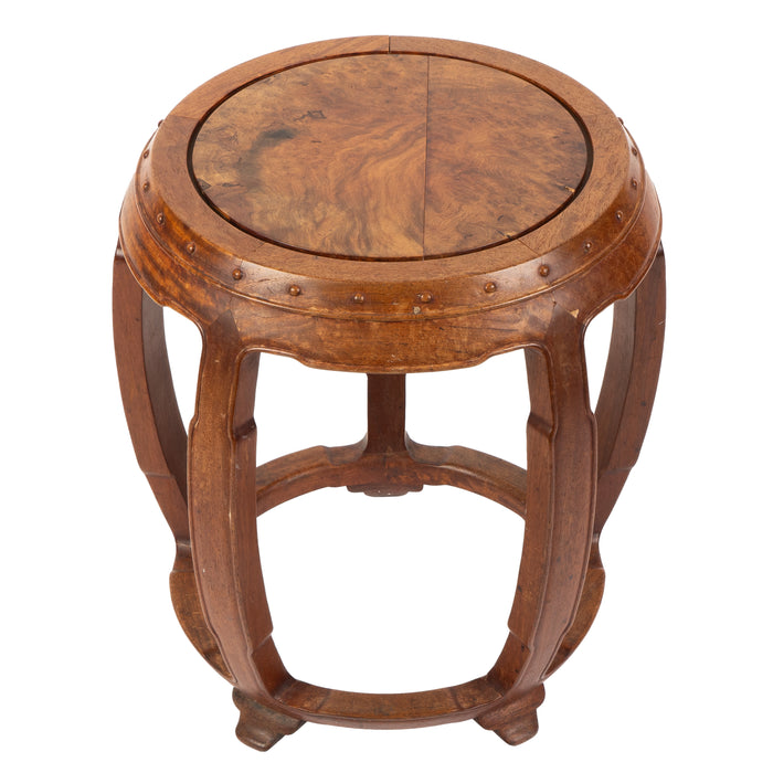 Chinese rosewood barrel shaped garden seat with a burl rosewood top (1912-1949)