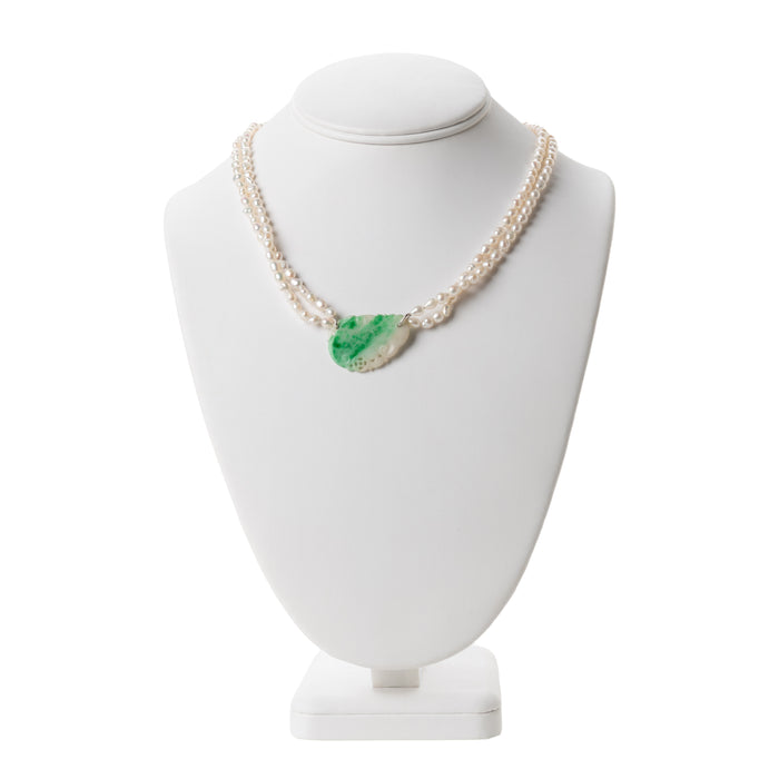 Moss In Snow Jade Leaf on a Baroque Freshwater Pearl Necklace (1800's)