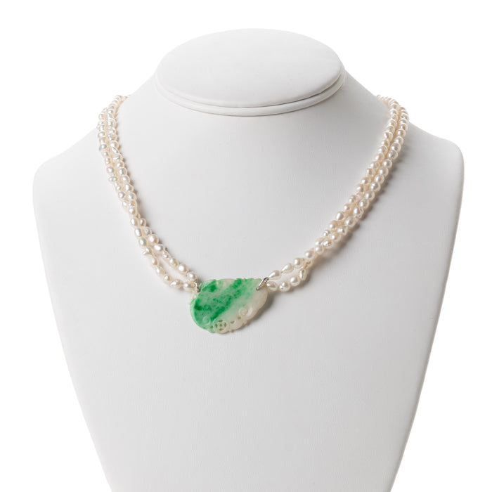 Moss In Snow Jade Leaf on a Baroque Freshwater Pearl Necklace (1800's)