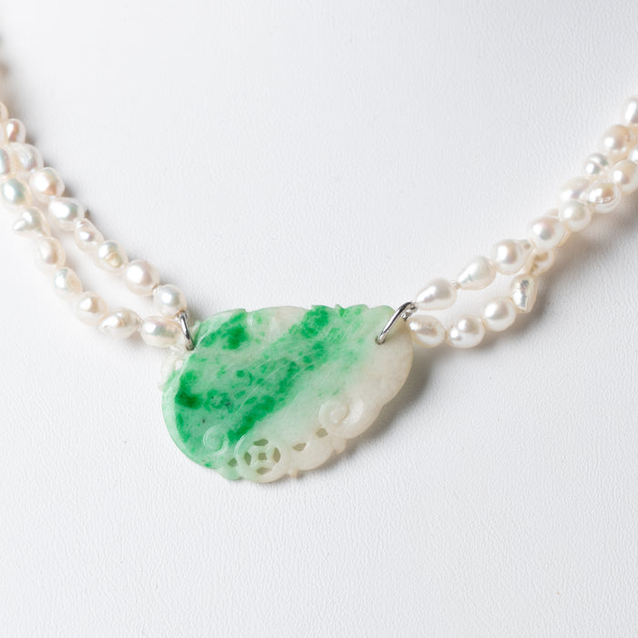 Moss In Snow Jade Leaf on a Baroque Freshwater Pearl Necklace (1800's)