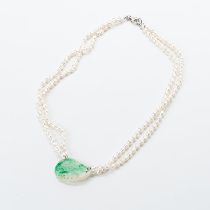 Moss In Snow Jade Leaf on a Baroque Freshwater Pearl Necklace (1800's)