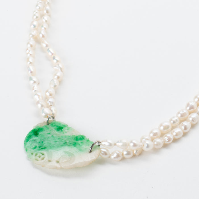 Moss In Snow Jade Leaf on a Baroque Freshwater Pearl Necklace (1800's)