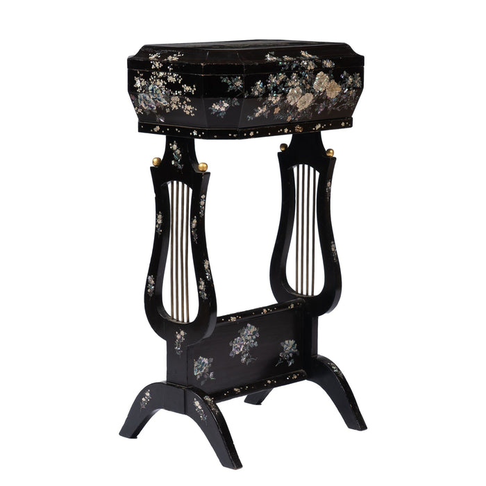 Japanese black lacquered lyre base sewing box on stand with abalone and Mother-of Pearl inlays (1880)