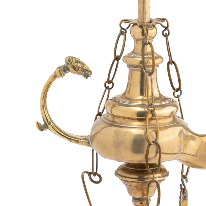 Italian cast brass single spout oil lamp with deflector (1790)