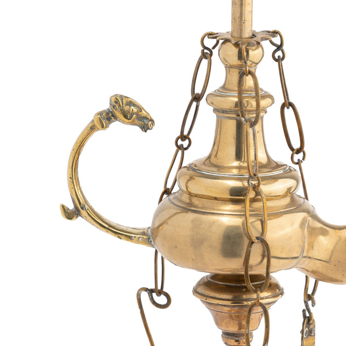 Italian cast brass single spout oil lamp with deflector (c. 1790)