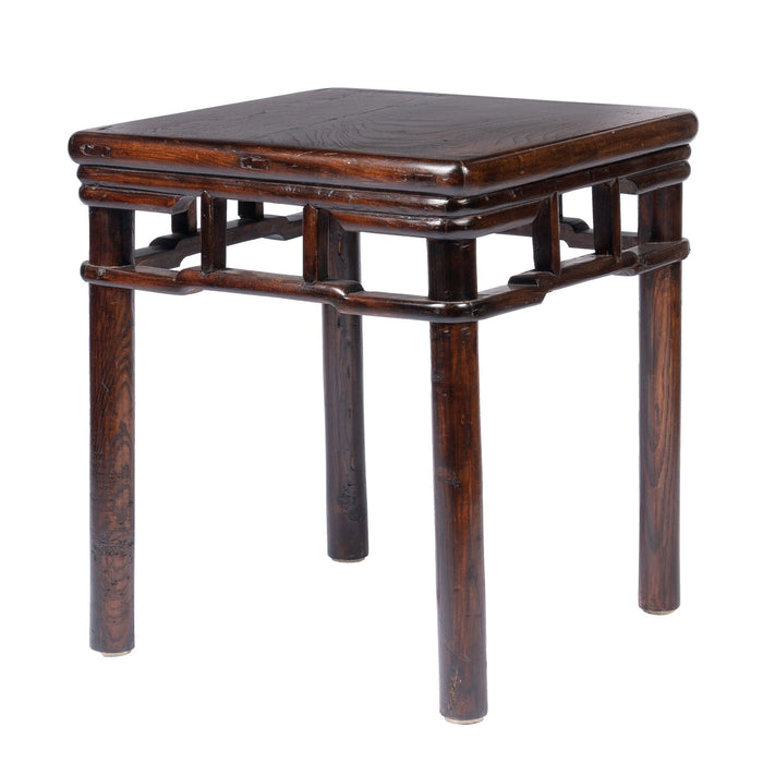 Pair of Chinese Elm stools with hump back rail (c. 1780-1820)