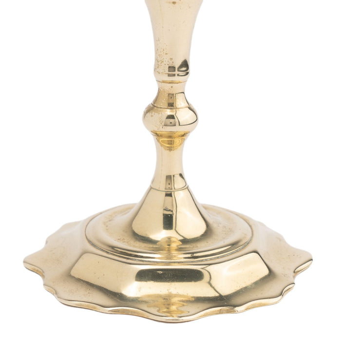 Cast brass Queen Anne scollop base candlestick (c. 1760)