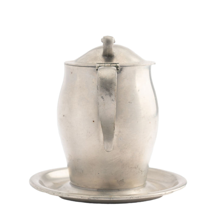 International Pewter creamer with hinged lid and attached tray (1920-30)