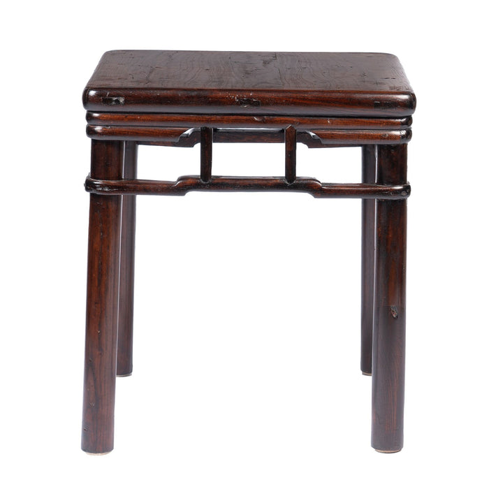 Pair of Chinese Elm stools with hump back rail (c. 1780-1820)