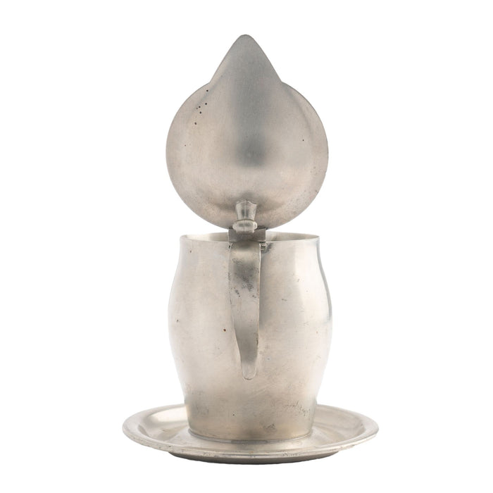 International Pewter creamer with hinged lid and attached tray (1920-30)