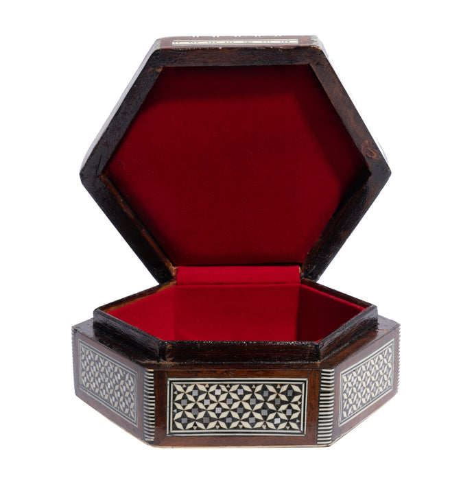 Hexagonal hinged lid Damascus box