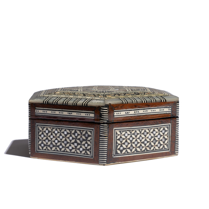 Hexagonal hinged lid Damascus box