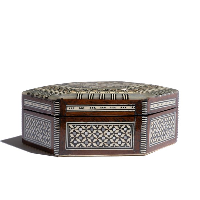 Hexagonal hinged lid Damascus box