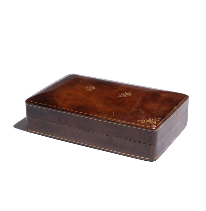 Rectangular leather box with gilt stamping