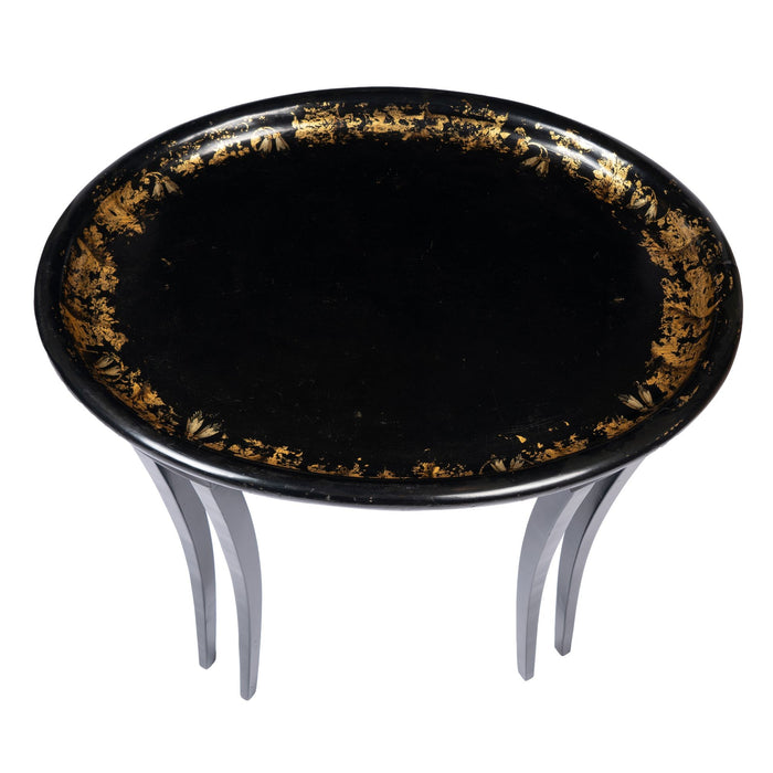 English oval papier mache tea tray table on custom sabre leg stand (c. 1835)