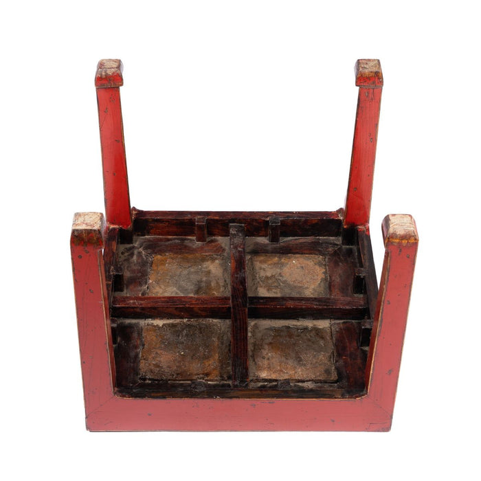 Chinese red lacquered square table fitted with inset stone top (c. 1900)