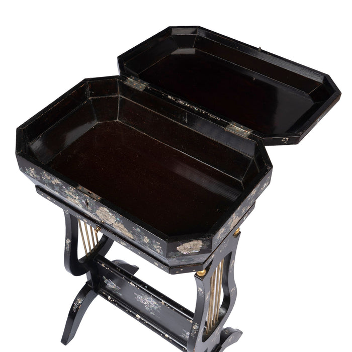 Japanese black lacquered lyre base sewing box on stand with abalone and Mother-of Pearl inlays (1880)