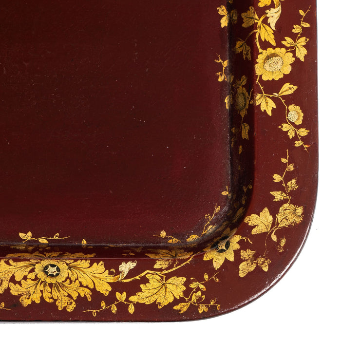 English gilt decorated burgundy paper mache tea tray on custom stand (1830)